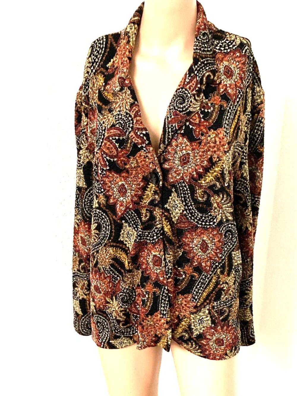 N Touch Women's Floral Multicolor Button Front Collared Stretch Jacket L